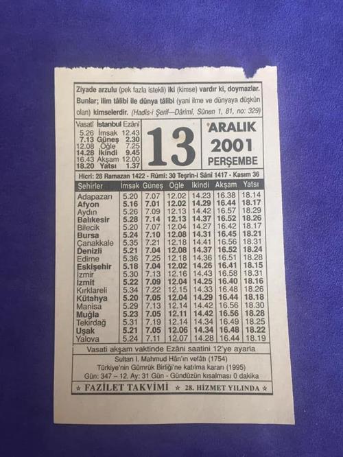 13 Aralık 2001 Takvim Yaprağı - Nostalji Koleksiyonluk Takvim Yaprağı