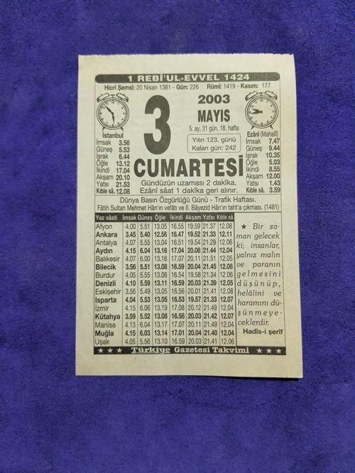 3 Mayıs 2003 Takvim Yaprağı - Nostaljik Koleksiyonluk Takvim Yaprağı