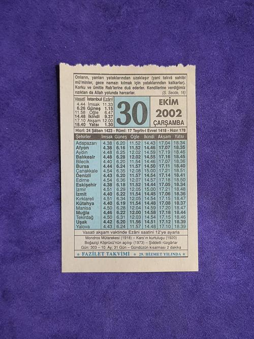 30 Ekim 2002 Takvim Yaprağı - Nostalji Koleksiyonluk Takvim Yaprağı 