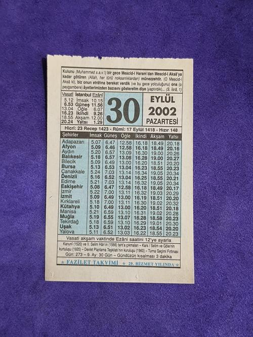 30 Eylül 2002 Takvim Yaprağı - Nostalji Koleksiyonluk Takvim Yaprağı 