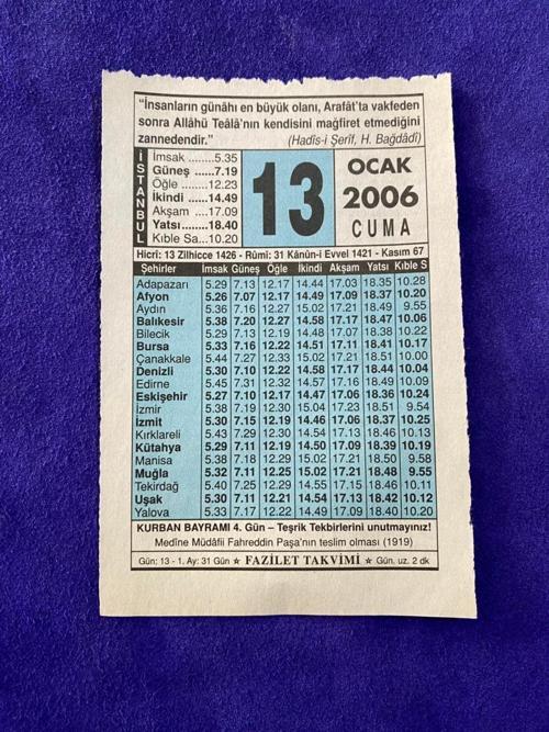 13 Ocak 2006 Takvim Yaprağı - Nostalji Koleksiyonluk Takvim Yaprağı