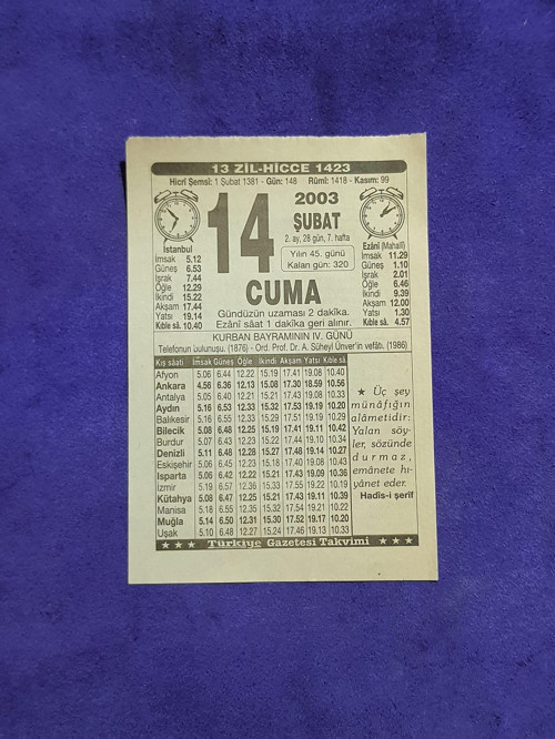 14 Şubat 2003 Takvim Yaprağı - Nostaljik Koleksiyonluk Takvim Yaprağı