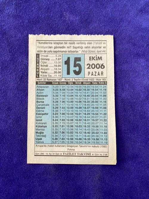 15 Ekim 2006 Takvim Yaprağı - Nostalji Koleksiyonluk Takvim Yaprağı
