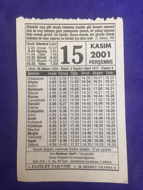 15 Kasım 2001 Takvim Yaprağı - Nostalji Koleksiyonluk Takvim Yaprağı