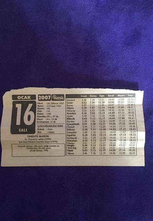 16 Ocak 2007 Takvim Yaprağı - Nostalji Koleksiyonluk Takvim Yaprağı B