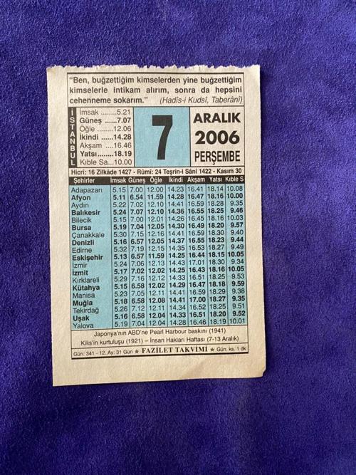 7 Aralık 2006 Takvim Yaprağı - Nostalji Koleksiyonluk Takvim Yaprağı