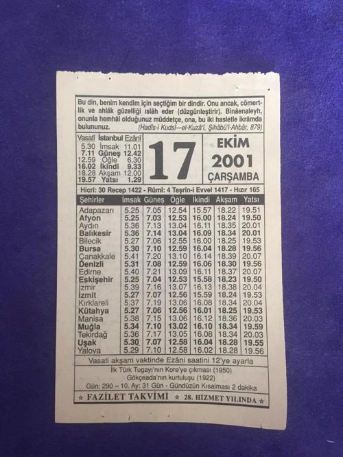 17 Ekim 2001 Takvim Yaprağı - Nostalji Koleksiyonluk Takvim Yaprağı