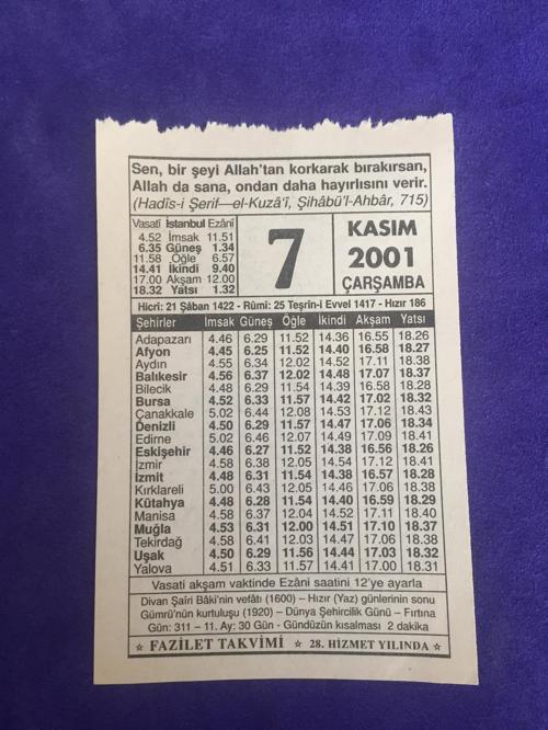 7 Kasım 2001 Takvim Yaprağı - Nostalji Koleksiyonluk Takvim Yaprağı
