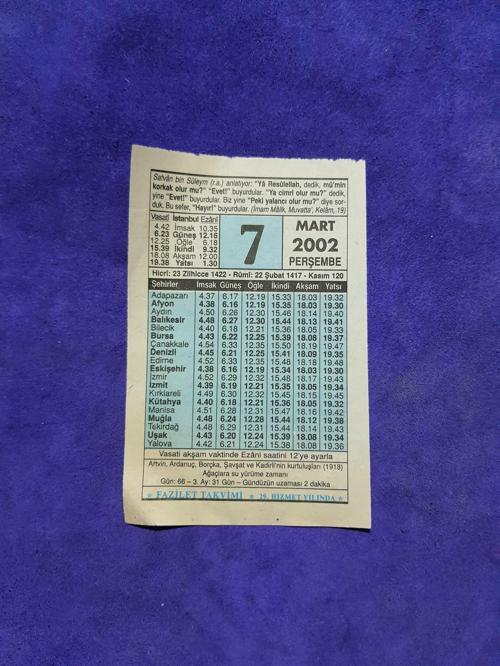 7 Mart 2002 Takvim Yaprağı - Nostalji Koleksiyonluk Takvim Yaprağı A