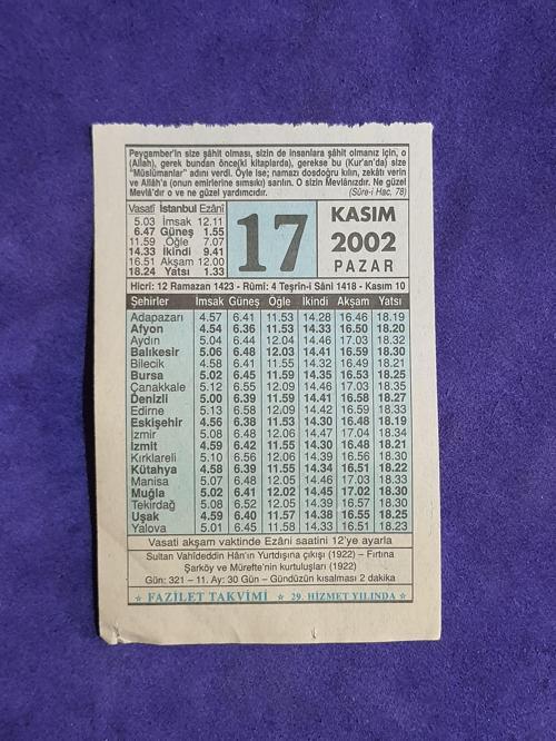17 Kasım 2002 Takvim Yaprağı - Nostalji Koleksiyonluk Takvim Yaprağı