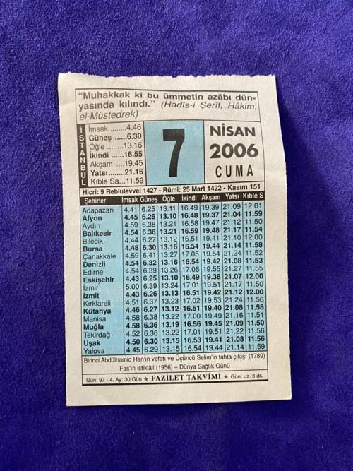 7 Nisan 2006 Takvim Yaprağı - Nostalji Koleksiyonluk Takvim Yaprağı