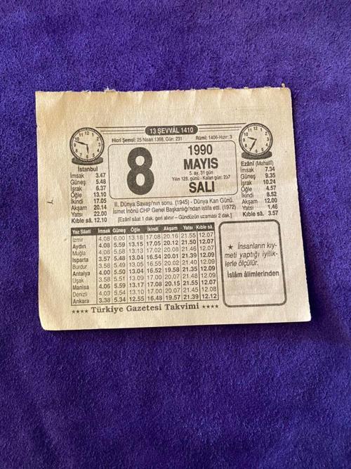 8 Mayıs 1990 Takvim Yaprağı - Nostalji Koleksiyonluk Takvim Yaprağı