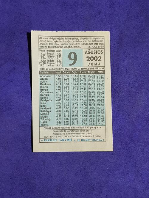 9 Ağustos 2002 Takvim Yaprağı - Nostalji Koleksiyonluk Takvim Yaprağı