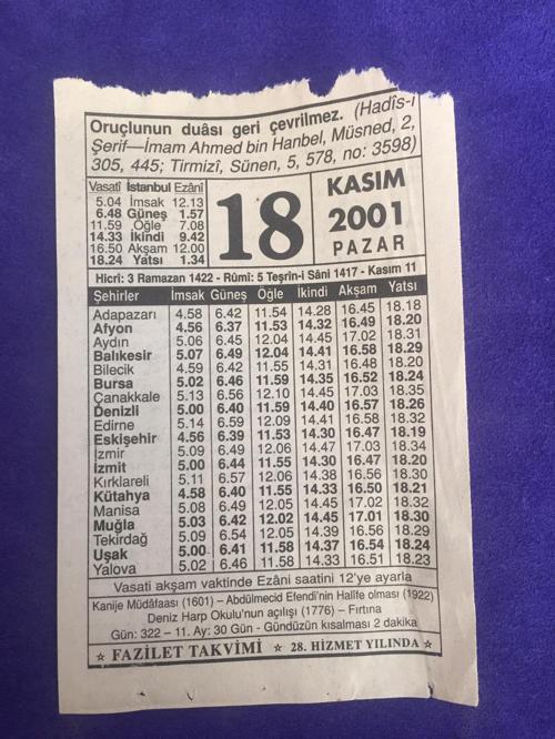 18 Kasım 2001 Takvim Yaprağı - Nostalji Koleksiyonluk Takvim Yaprağı