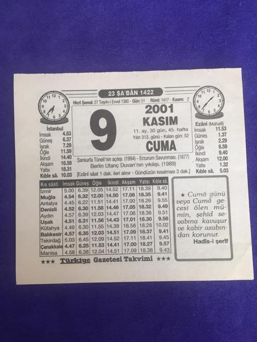 9 Kasım 2001 Takvim Yaprağı - Nostalji Koleksiyonluk Takvim Yaprağı B