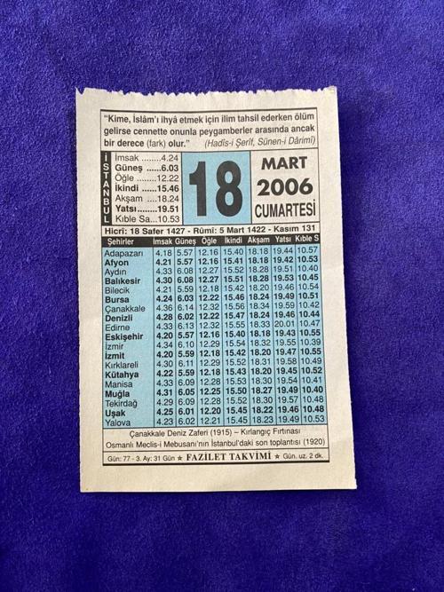 18 Mart 2006 Takvim Yaprağı - Nostalji Koleksiyonluk Takvim Yaprağı