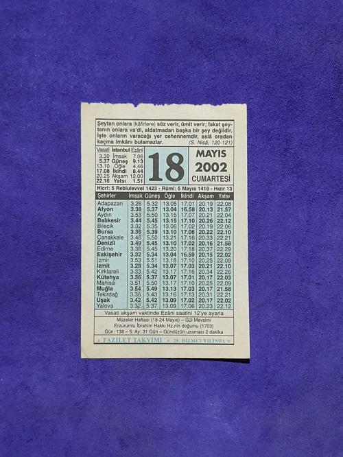 18 Mayıs 2002 Takvim Yaprağı - Nostalji Koleksiyonluk Takvim Yaprağı A