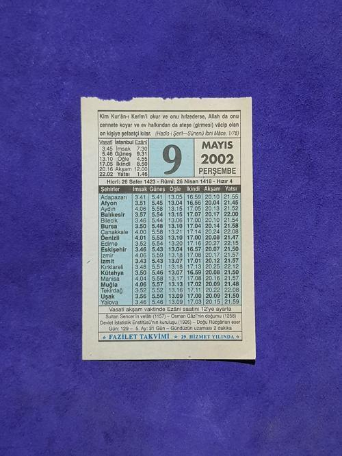 9 Mayıs 2002 Takvim Yaprağı - Nostalji Koleksiyonluk Takvim Yaprağı A
