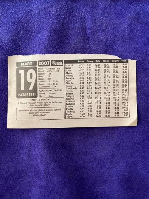 19 Mart 2007 Takvim Yaprağı - Nostalji Koleksiyonluk Takvim Yaprağı B