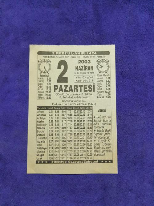 2 Haziran 2003 Takvim Yaprağı - Nostaljik Koleksiyonluk Takvim Yaprağı