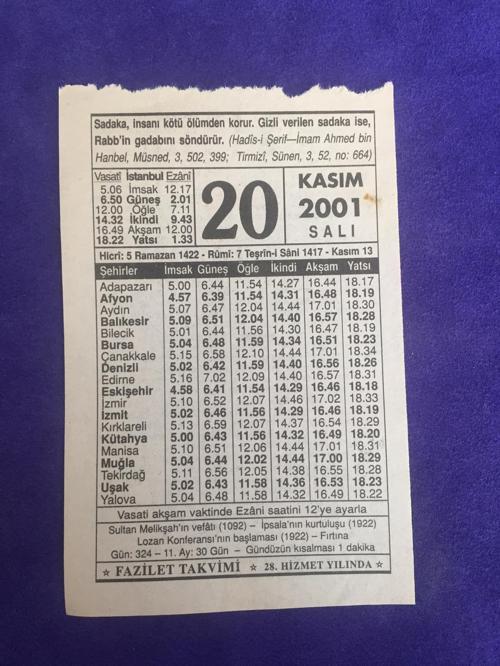 20 Kasım 2001 Takvim Yaprağı - Nostalji Koleksiyonluk Takvim Yaprağı