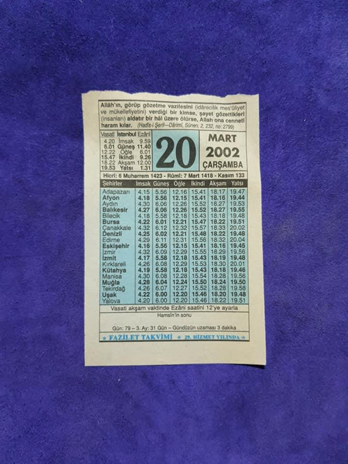 20 Mart 2002 Takvim Yaprağı - Nostalji Koleksiyonluk Takvim Yaprağı A