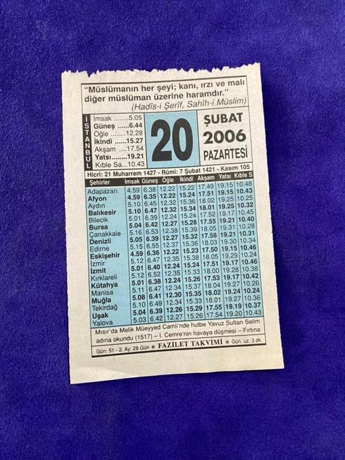 20 Şubat 2006 Takvim Yaprağı - Nostalji Koleksiyonluk Takvim Yaprağı