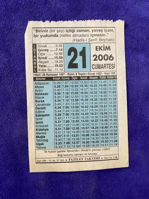 21 Ekim 2006 Takvim Yaprağı - Nostalji Koleksiyonluk Takvim Yaprağı