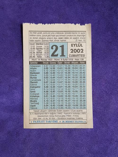 21 Eylül 2002 Takvim Yaprağı - Nostalji Koleksiyonluk Takvim Yaprağı 