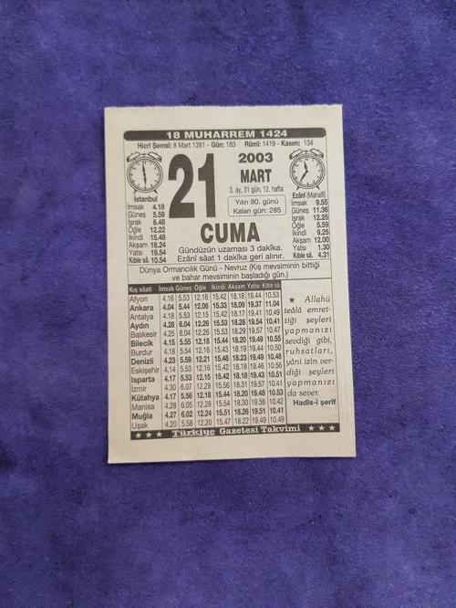 21 Mart 2003 Takvim Yaprağı - Nostaljik Koleksiyonluk Takvim Yaprağı
