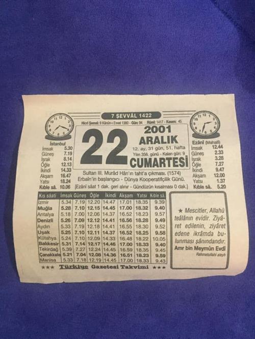 22 Aralık 2001 Takvim Yaprağı - Nostalji Koleksiyonluk Takvim Yaprağı B
