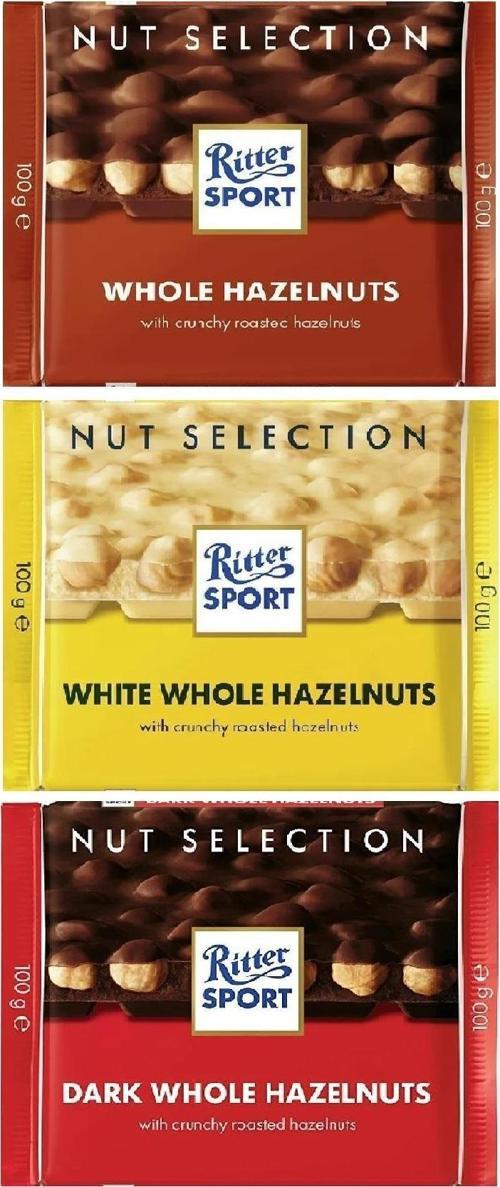RITTER SPORT  WHOLE HAZELNUTS  SERIES 100GR. - 3 LÜ SET BİTTER - SÜTLÜ - BEYAZ FINDIKLI 