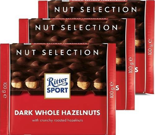 RITTER SPORT DARK WHOLE HAZELNUTS 100 GR. - BÜTÜN FINDIKLI BİTTER ÇİKOLATA  X 3 ADET
