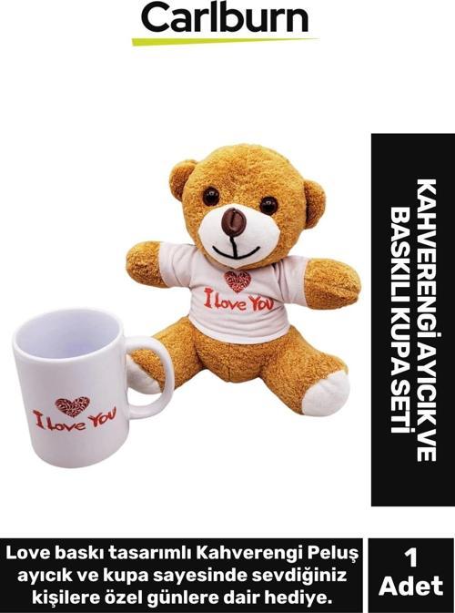Özel Tasarım Konsept Hediyelik Sevi Seviyorum Kahverengi Oyuncak Ayıcık I Love You Baskılı Kupa Seti