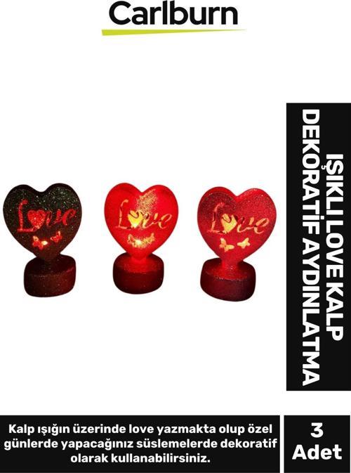 Özel Üretim Hediye Gece Masa Yatak Odası Aydınlatma Sevgi Aşk Temalı Işıklı Love Kalp 3'lü Set