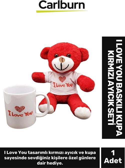 Özel Üretim Sevgililer Günü Gift Seni Seviyorum I Love You Baskılı Kupa Bardak Kırmızı Ayıcık Seti