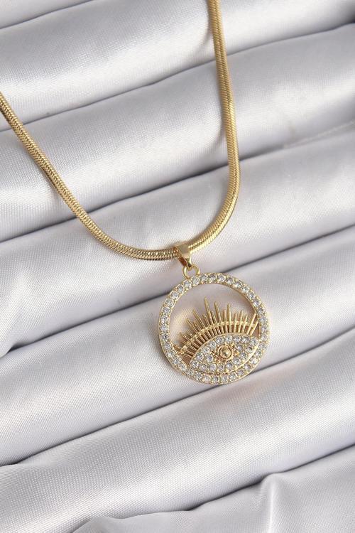 316L Çelik Gold Renk İtalyan Zincir Zirkon Taşlı Göz Model Kadın Kolye - TJ-BKO9593