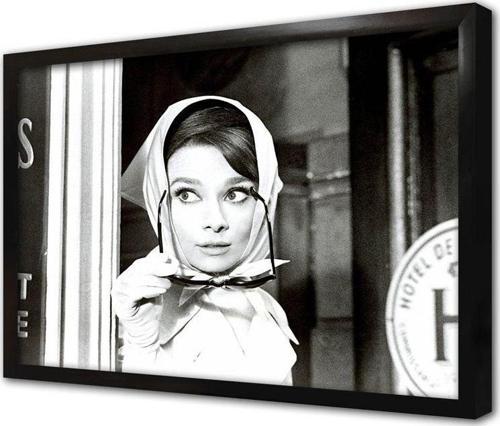 Siyah Beyaz Audrey Hepburn Çerçeveli Cam Tablo