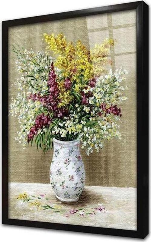 Vazoda Çiçekler Çerçeveli Cam Tablo