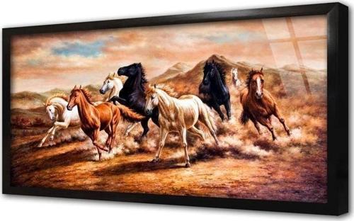 Koşan Bir Grup Kahverengi At Çerçeveli Cam Tablo