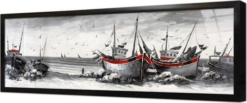 Kırmızı Şeritli Tekneler Çerçeveli Cam Tablo