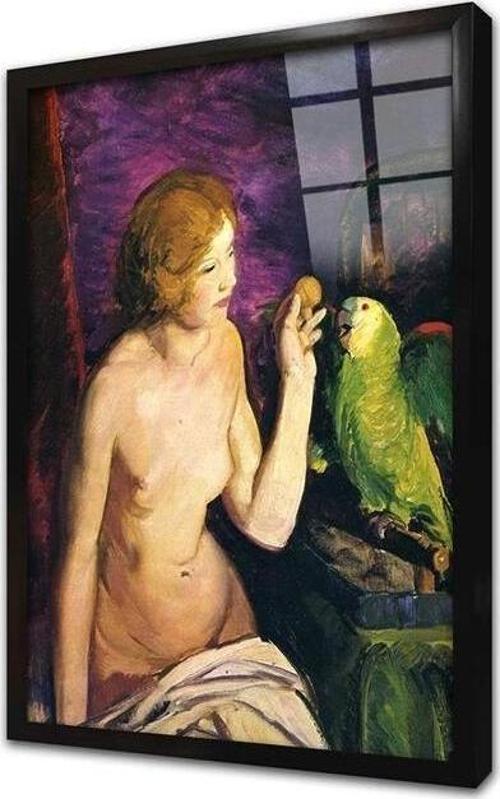Nude Girl And Parrot Çerçeveli Cam Tablo