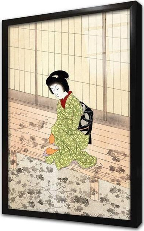 Oturan Japon Kadın Çerçeveli Cam Tablo