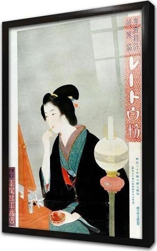 Makyaj Yapan Japon Kadın Çerçeveli Cam Tablo