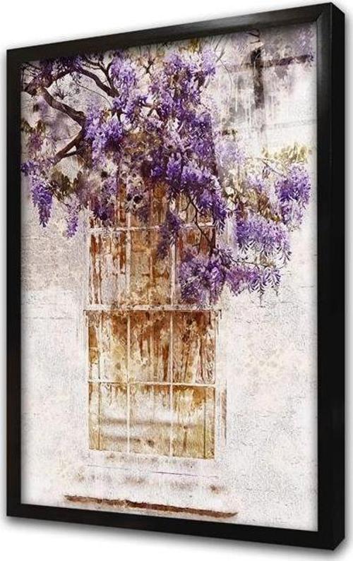 Pencere Ve Mor Çiçekler Çerçeveli Cam Tablo