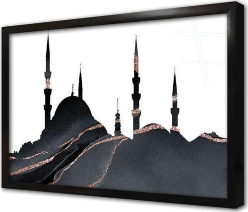 Gri Altın Soyut Desenli Istanbul Çerçeveli Cam Tablo