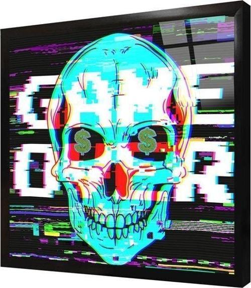 Game Over Kuru Kafa Glitch Çerçeveli Cam Tablo
