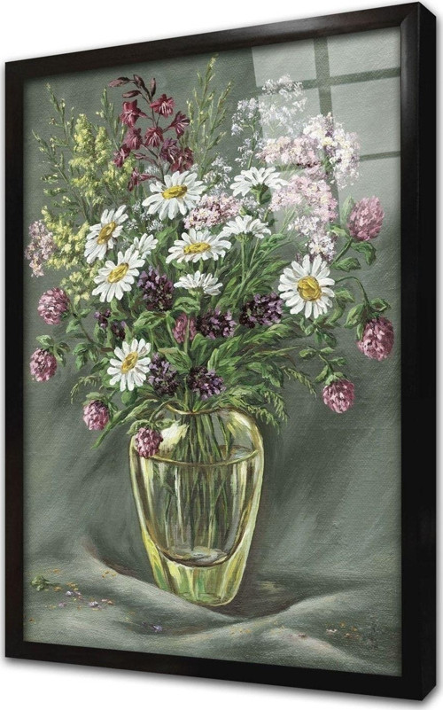 Vazoda Papatyalar Çerçeveli Cam Tablo 50x70 cm