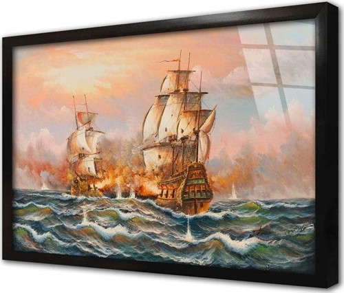 Soyut Tekne Ve Dalgalı Deniz Manzara Çerçeveli Cam Tablo 60x90 cm