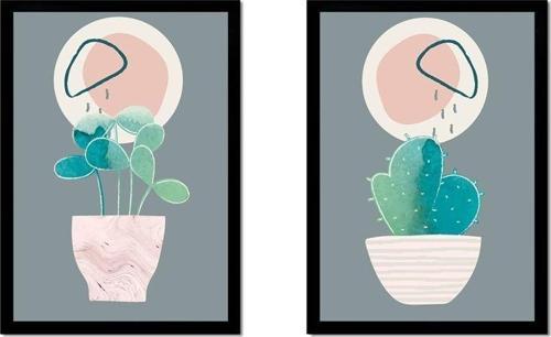 Line Art Kaktüs Ikili Çerçeveli Mdf Tablo Seti